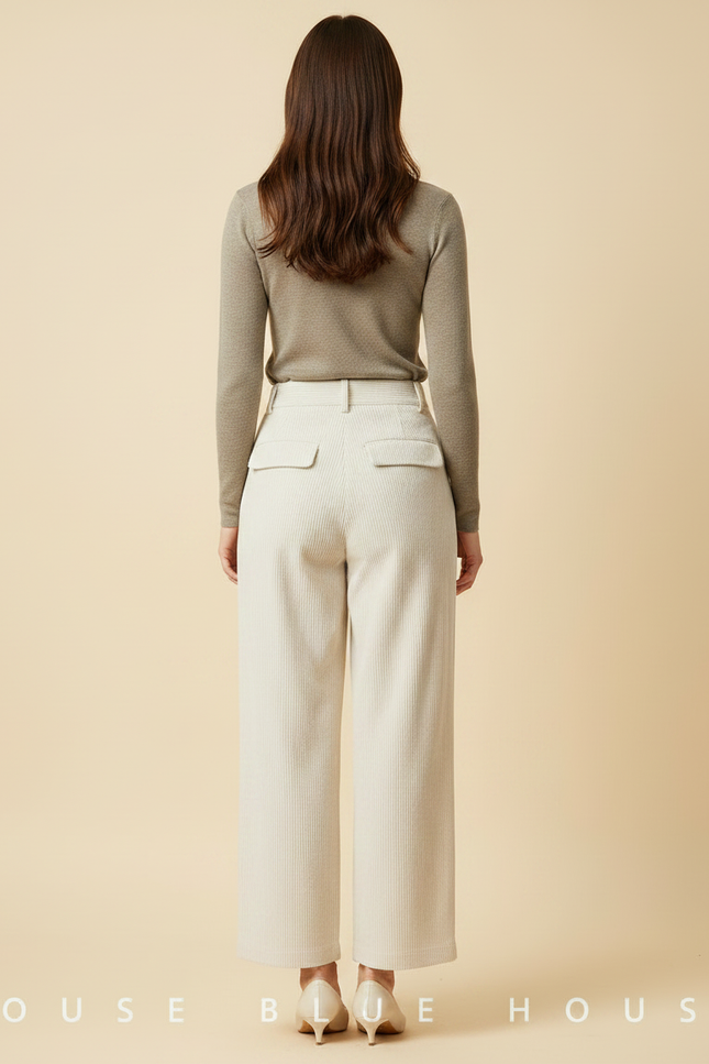 Pantalon À Pince Écru Côtelé Ample Décontracté Fluide - Blanc Cordé - vue 2