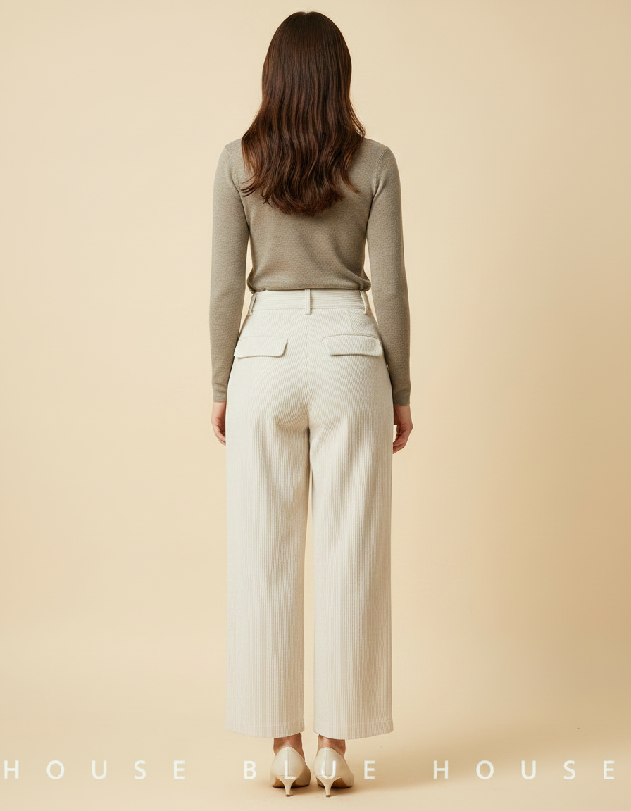 Pantalon À Pince Écru Côtelé Ample Décontracté Fluide - Blanc Cordé - vue 2