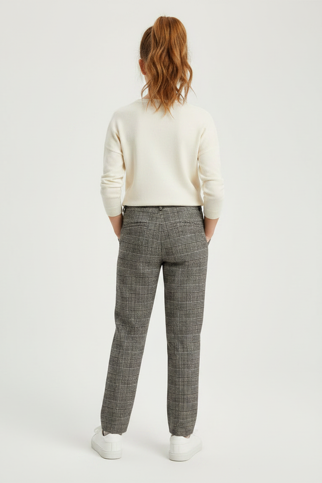 Pantalon À Pince Carreaux Plaid Gris Fille Élégant - Imprimé Tweed - vue 2