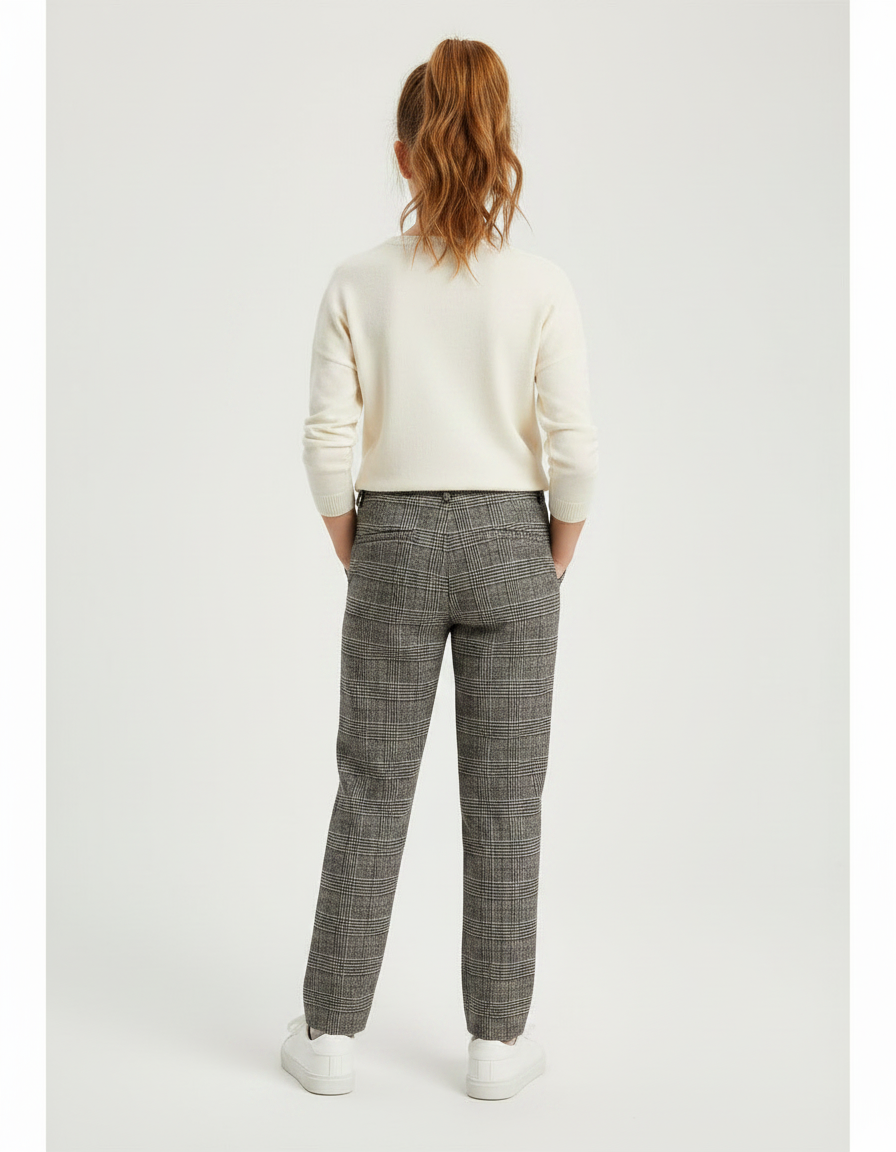 Pantalon À Pince Carreaux Plaid Gris Fille Élégant - Imprimé Tweed - vue 2
