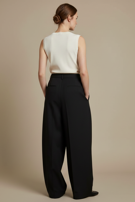 Pantalon À Pince Noir Ample Plissé Taille Haute Femme - Gabardine - vue 2