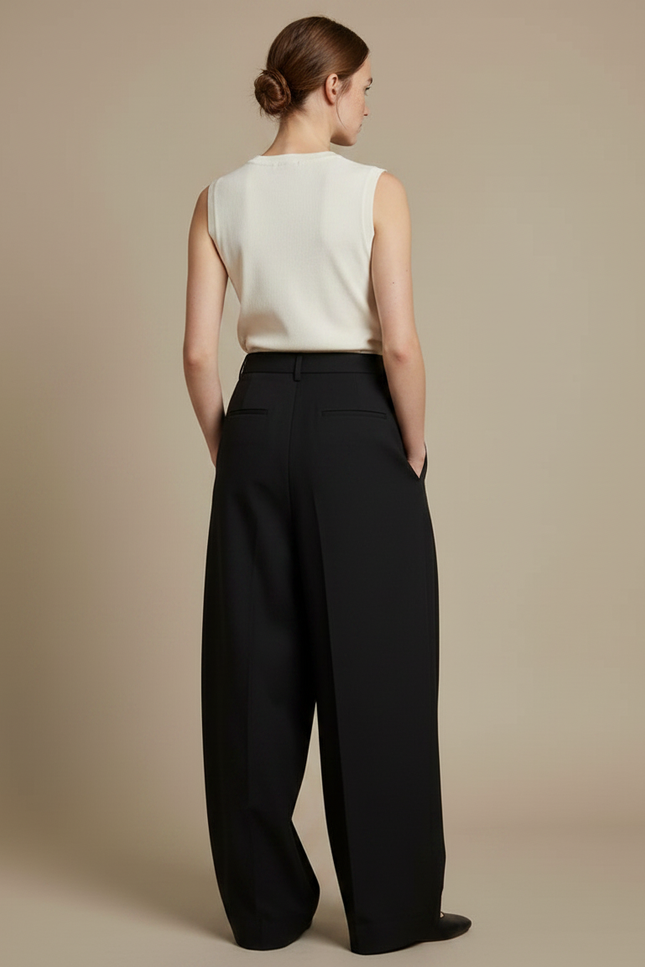 Pantalon À Pince Noir Ample Plissé Taille Haute Femme - Gabardine - vue 2
