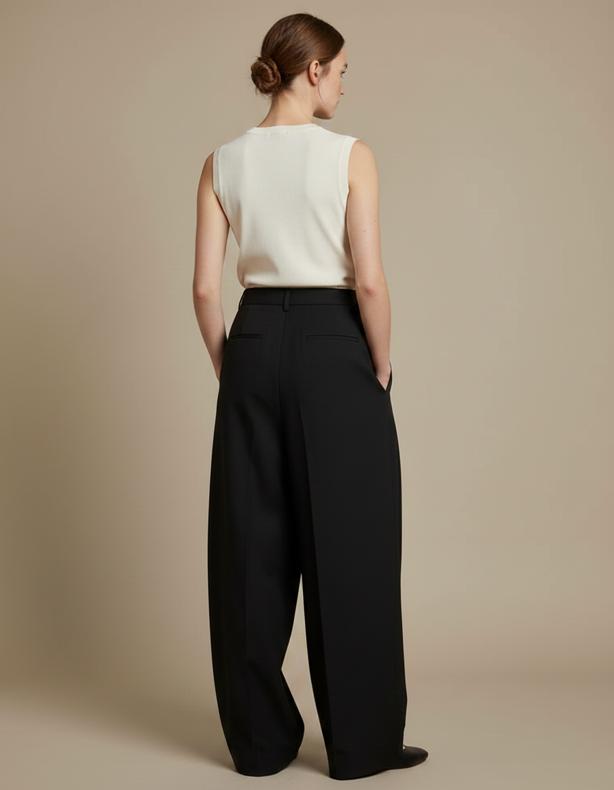 Pantalon À Pince Noir Ample Plissé Taille Haute Femme - Gabardine - vue 2