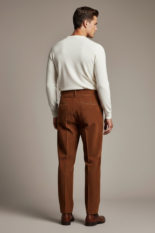 Pantalon À Pince Marron Velours Côtelé Plissé Droit Homme - Cordé - vue 2