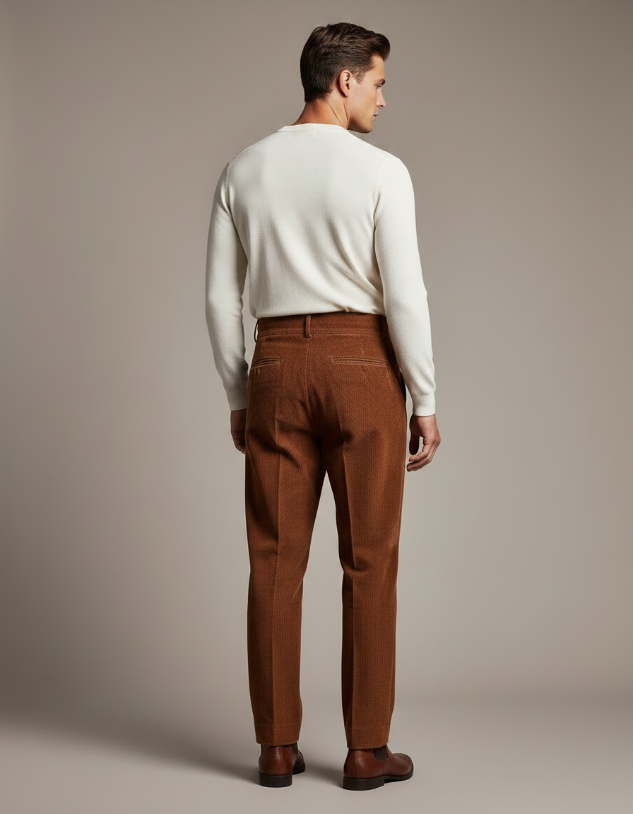 Pantalon À Pince Marron Velours Côtelé Plissé Droit Homme - Cordé - vue 2