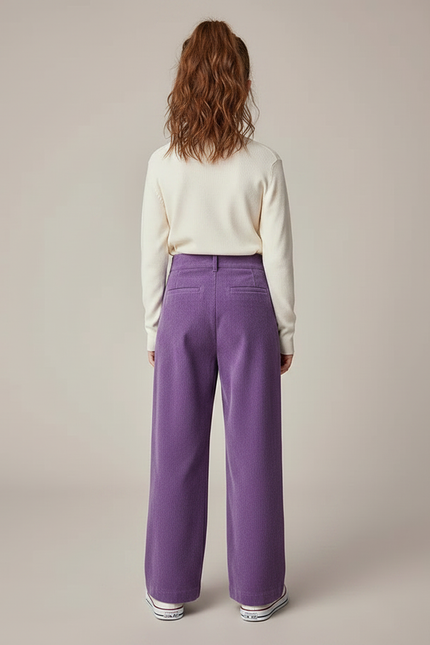 Pantalon À Pince Violet Côtelé Fluide Velours Taille Haute - Cordé - vue 2