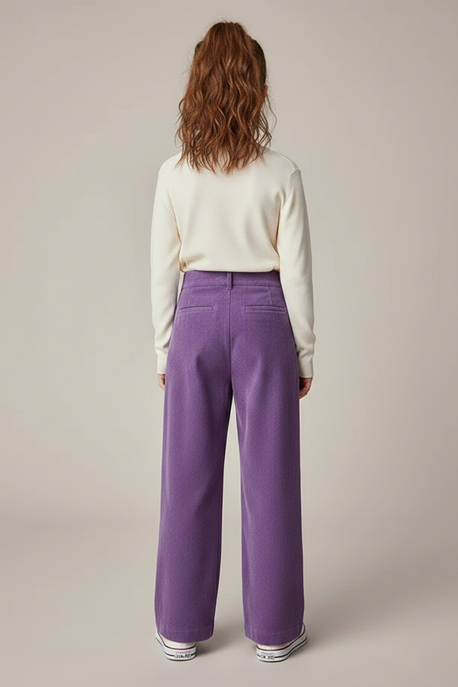 Pantalon À Pince Violet Côtelé Fluide Velours Taille Haute - Cordé - vue 2