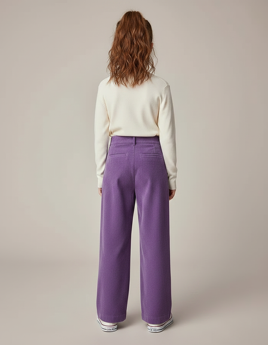 Pantalon À Pince Violet Côtelé Fluide Velours Taille Haute - Cordé - vue 2