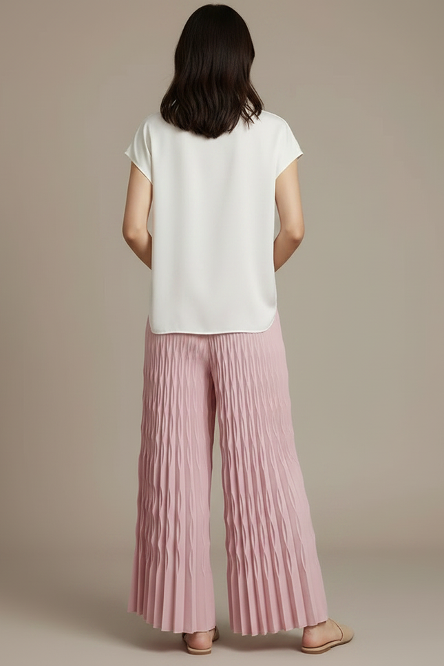 Pantalon À Pince Rose Plissé Fluide Ample Femme - Polyester - vue 2