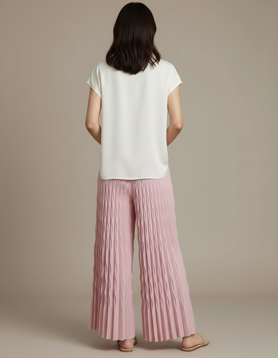 Pantalon À Pince Rose Plissé Fluide Ample Femme - Polyester - vue 2