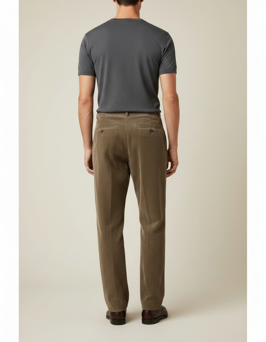 Pantalon À Pince Côtelé Marron Plissé Ample Décontracté Homme - Cordé - vue 2