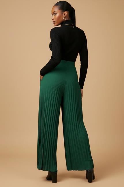 Pantalon À Pince Vert Plissé Fluide Élégant Femme - Polyester - vue 2