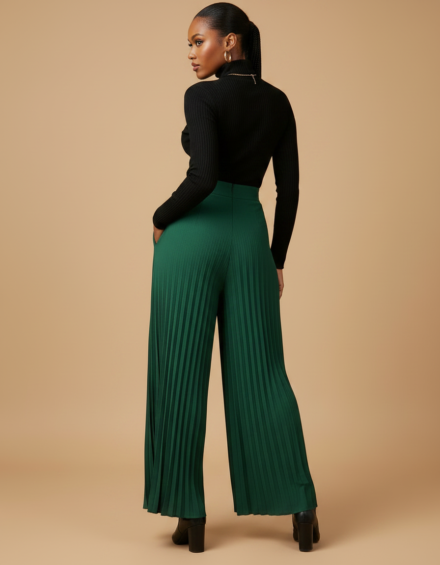 Pantalon À Pince Vert Plissé Fluide Élégant Femme - Polyester - vue 2