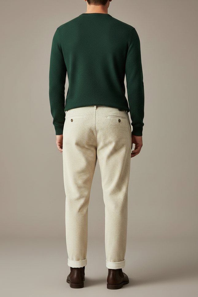 Pantalon À Pince Crème Côtelé Plissé Décontracté Homme - Beige Cordé - vue 2