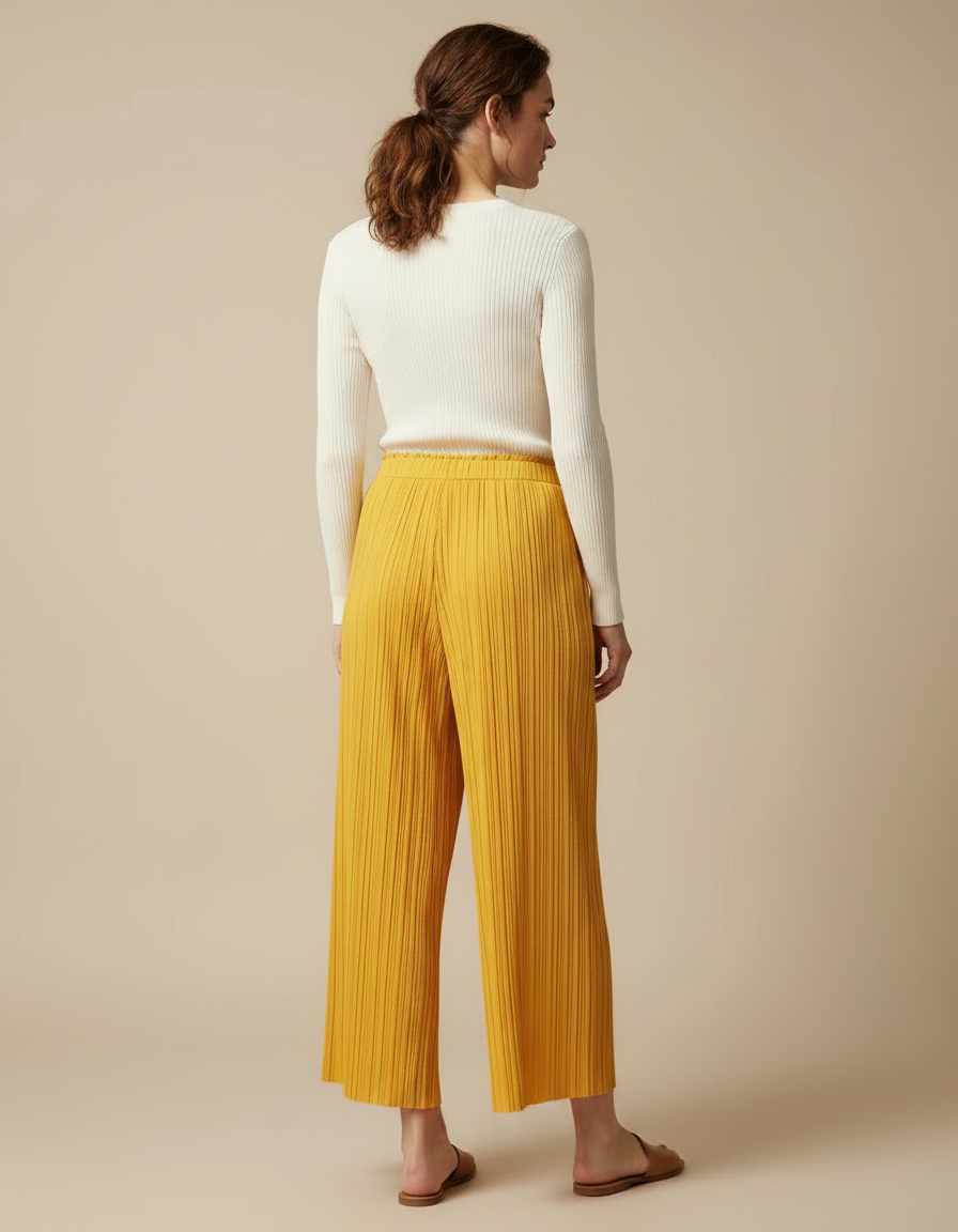 Pantalon À Pince Jaune Plissé Ample Fluide Décontracté - Polyester - vue 2