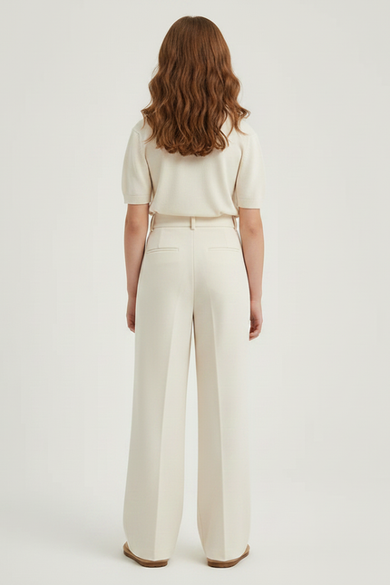 Pantalon À Pince Blanc Cassé Plissé Droit Élégant Fille - Beige Gabardine - vue 2