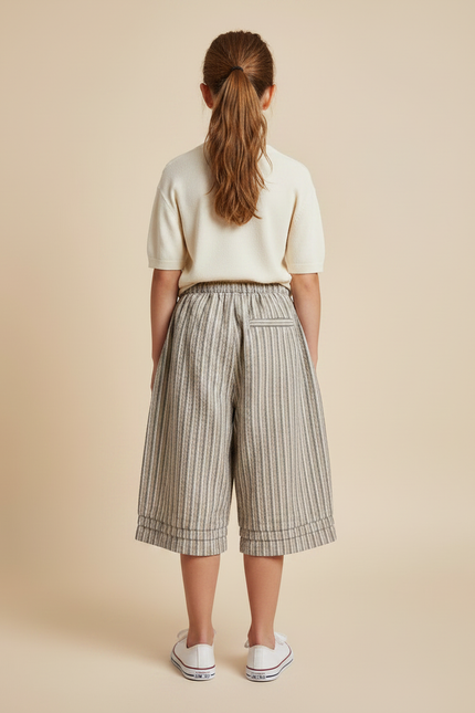 Pantalon À Pince Rayé Coton Ample Court Décontracté - Multicolore - vue 2