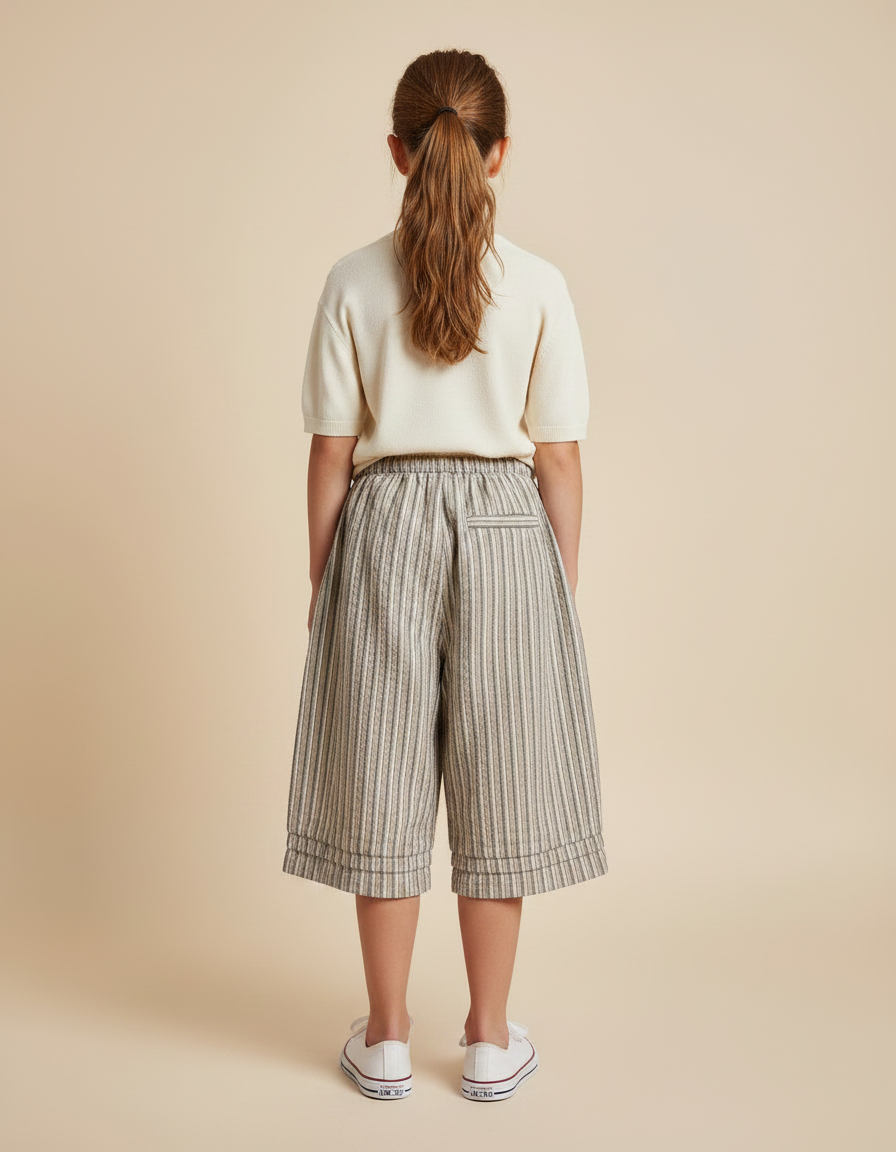 Pantalon À Pince Rayé Coton Ample Court Décontracté - Multicolore - vue 2