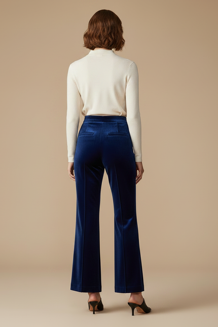 Pantalon À Pince Velours Bleu Marine Évasé Taille Haute - vue 2