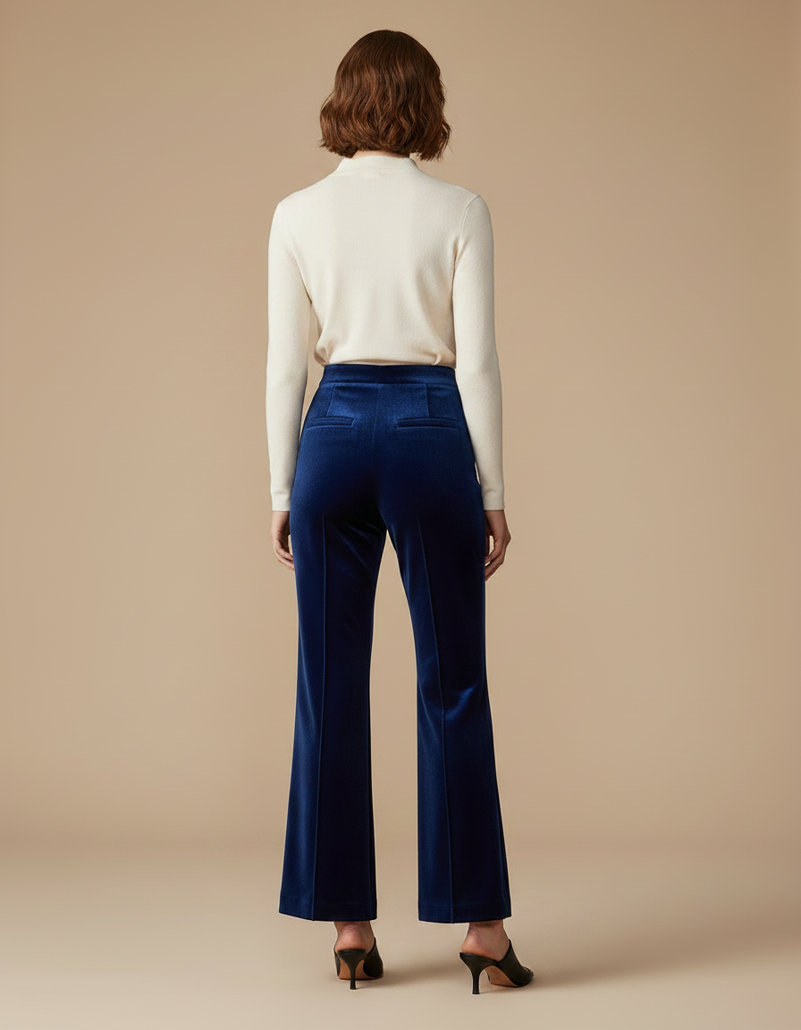 Pantalon À Pince Velours Bleu Marine Évasé Taille Haute - vue 2