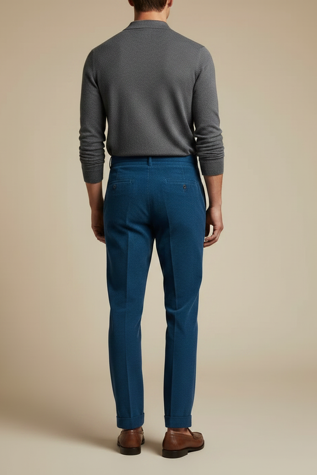 Pantalon À Pince Bleu Côtelé Plissé Homme Élégant - Cordé - vue 2
