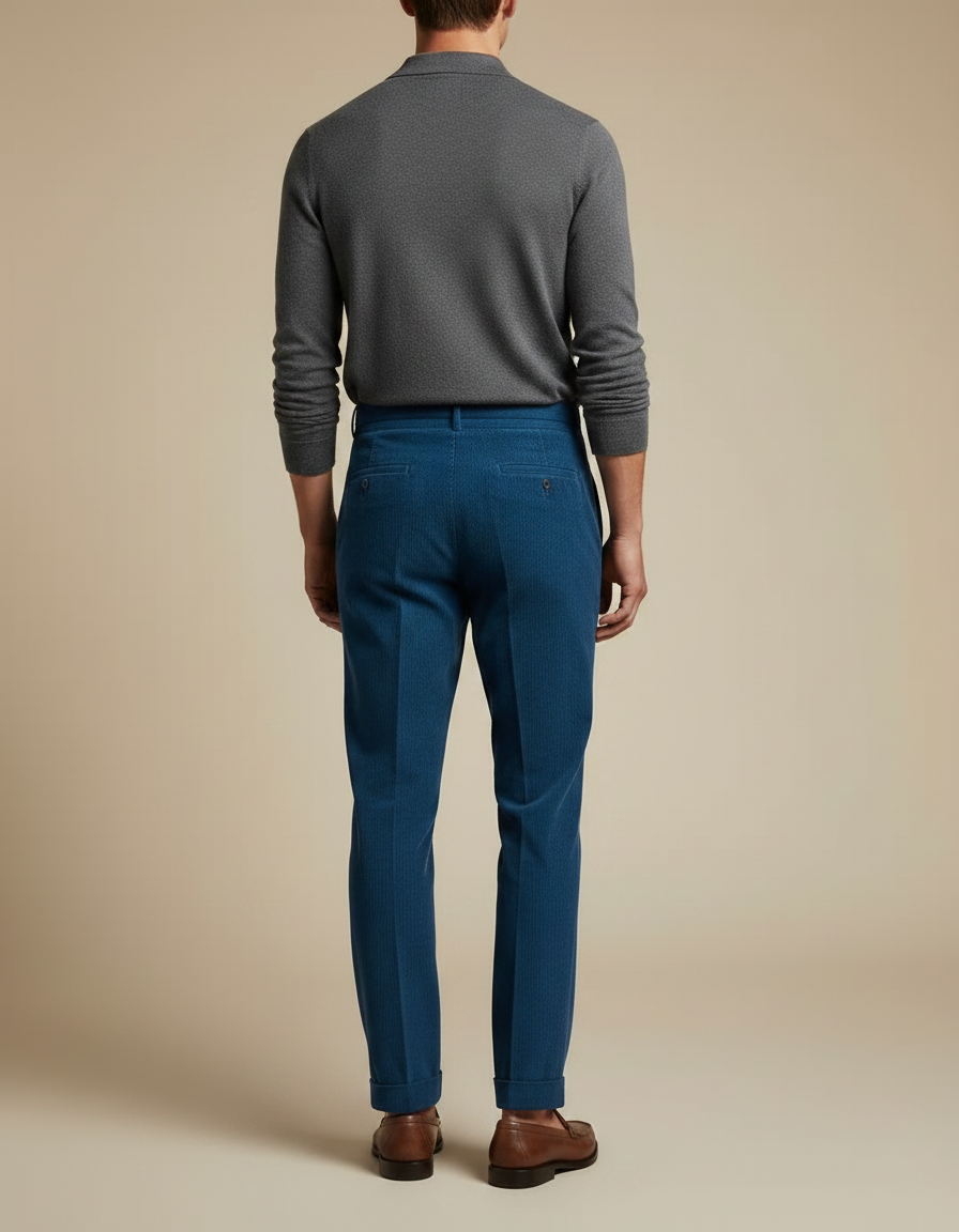 Pantalon À Pince Bleu Côtelé Plissé Homme Élégant - Cordé - vue 2