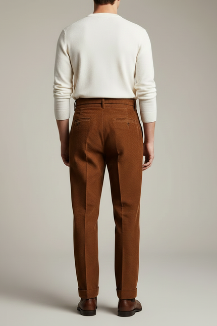 Pantalon À Pince Marron Côtelé Plissé Homme Élégant - Cordé - vue 2