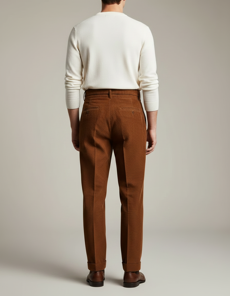 Pantalon À Pince Marron Côtelé Plissé Homme Élégant - Cordé - vue 2