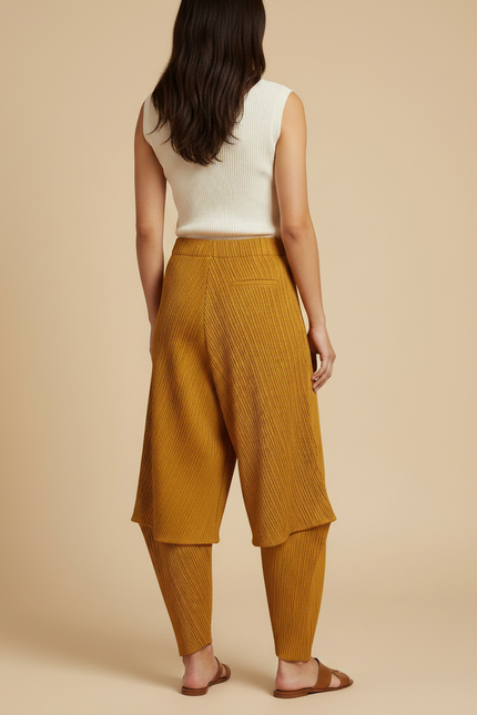 Pantalon À Pince Moutarde Plissé Fluide Décontracté Femme - Jaune Maille - vue 2
