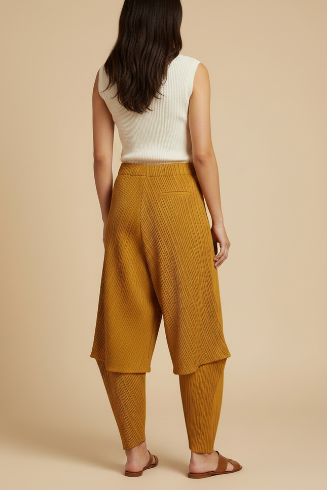 Pantalon À Pince Moutarde Plissé Fluide Décontracté Femme - Jaune Maille - vue 2