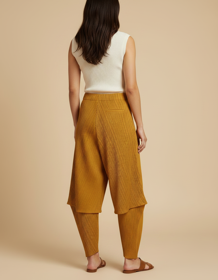 Pantalon À Pince Moutarde Plissé Fluide Décontracté Femme - Jaune Maille - vue 2