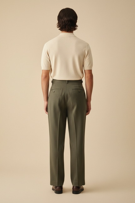 Pantalon À Pince Vert Militaire Ample Plissé Homme - Kaki Gabardine - vue 2