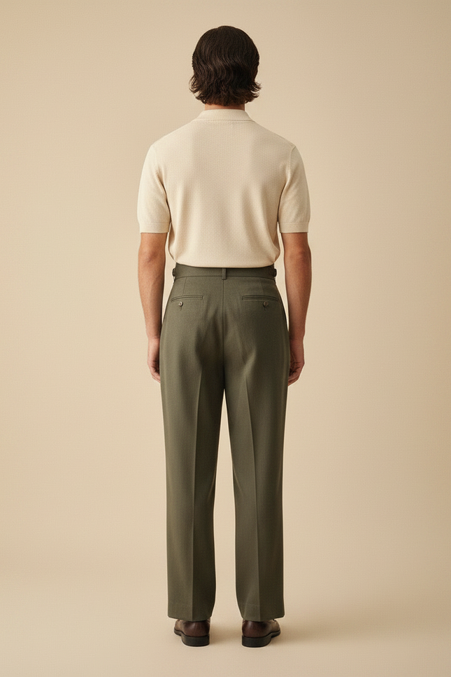 Pantalon À Pince Vert Militaire Ample Plissé Homme - Kaki Gabardine - vue 2