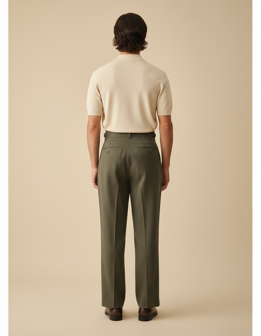 Pantalon À Pince Vert Militaire Ample Plissé Homme - Kaki Gabardine - vue 2