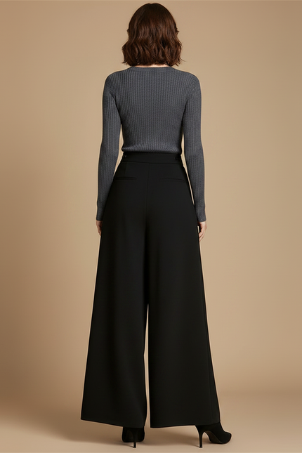 Pantalon À Pince Noir Ample Fluide Taille Haute Élégant - Polyester - vue 2