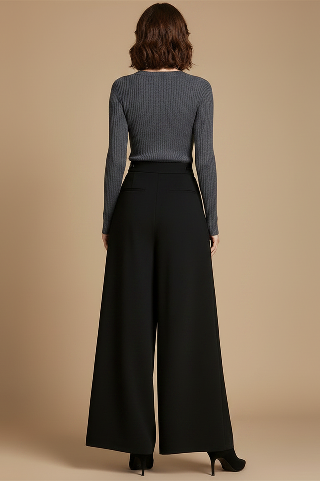 Pantalon À Pince Noir Ample Fluide Taille Haute Élégant - Polyester - vue 2