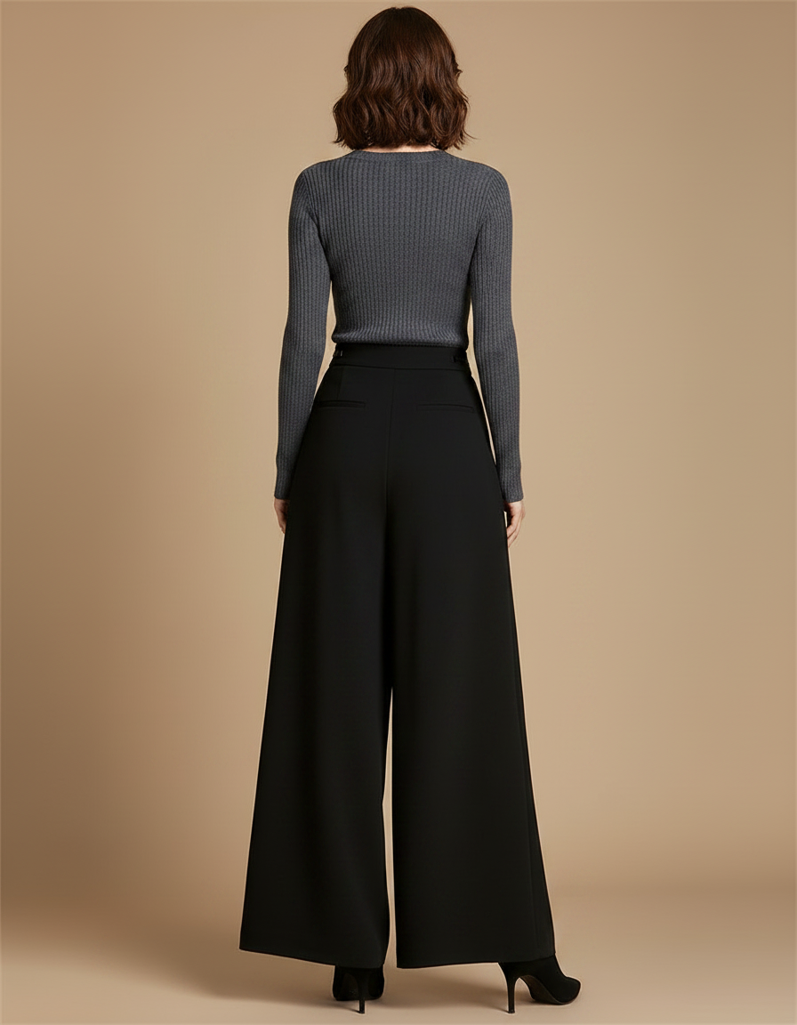 Pantalon À Pince Noir Ample Fluide Taille Haute Élégant - Polyester - vue 2