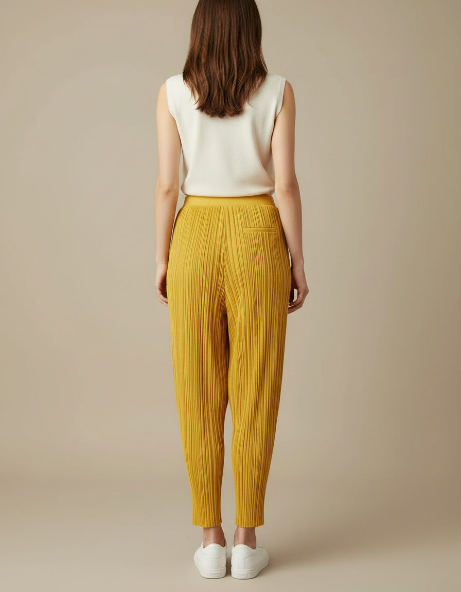 Pantalon À Pince Plissé Jaune Fluide Ample Femme - Polyester - vue 2