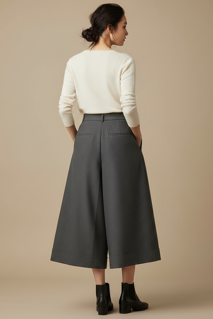 Pantalon À Pince Gris Ample Plissé Laine Élégant - Tweed - vue 2