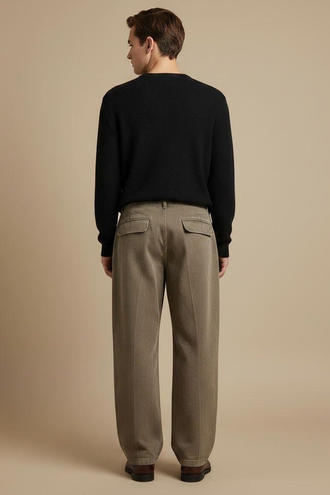 Pantalon À Pince Kaki Plissé Ample Homme Décontracté - Toile - vue 2