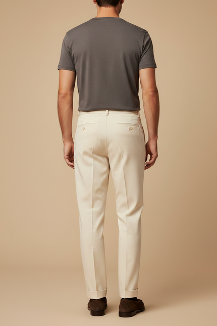 Pantalon À Pince Crème Droit Plissé Élégant Homme - Beige Gabardine - vue 2