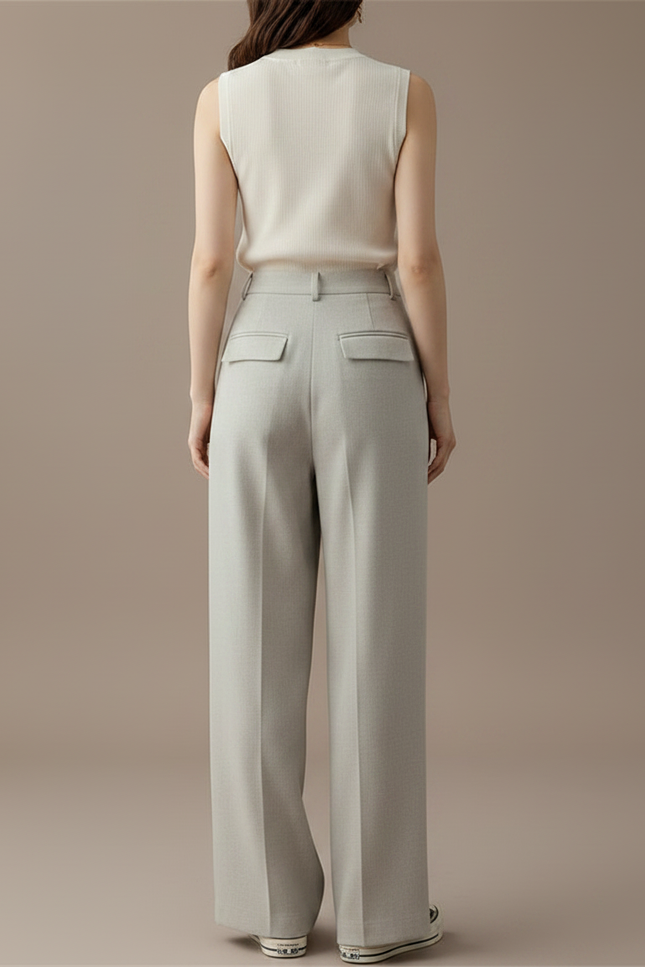 Pantalon À Pince Gris Lin Ample Plissé Élégant Femme - vue 2