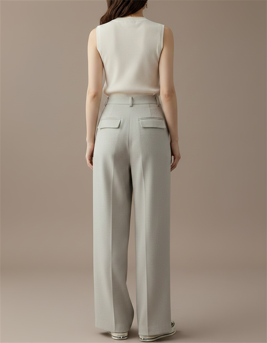 Pantalon À Pince Gris Lin Ample Plissé Élégant Femme - vue 2