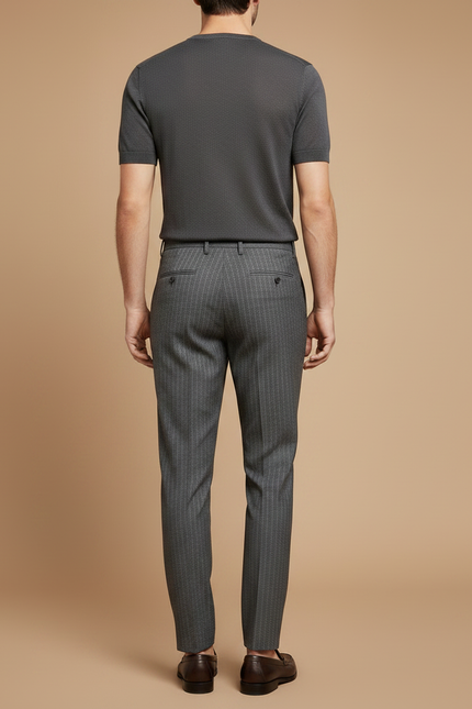 Pantalon À Pince Gris Rayé Slim Élégant Plissé Homme - Gabardine - vue 2