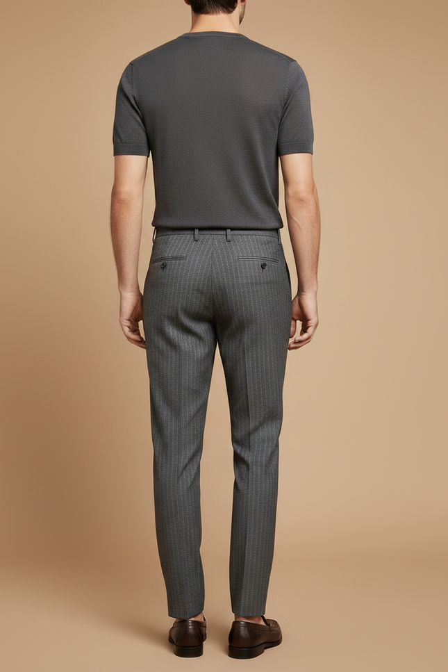 Pantalon À Pince Gris Rayé Slim Élégant Plissé Homme - Gabardine - vue 2