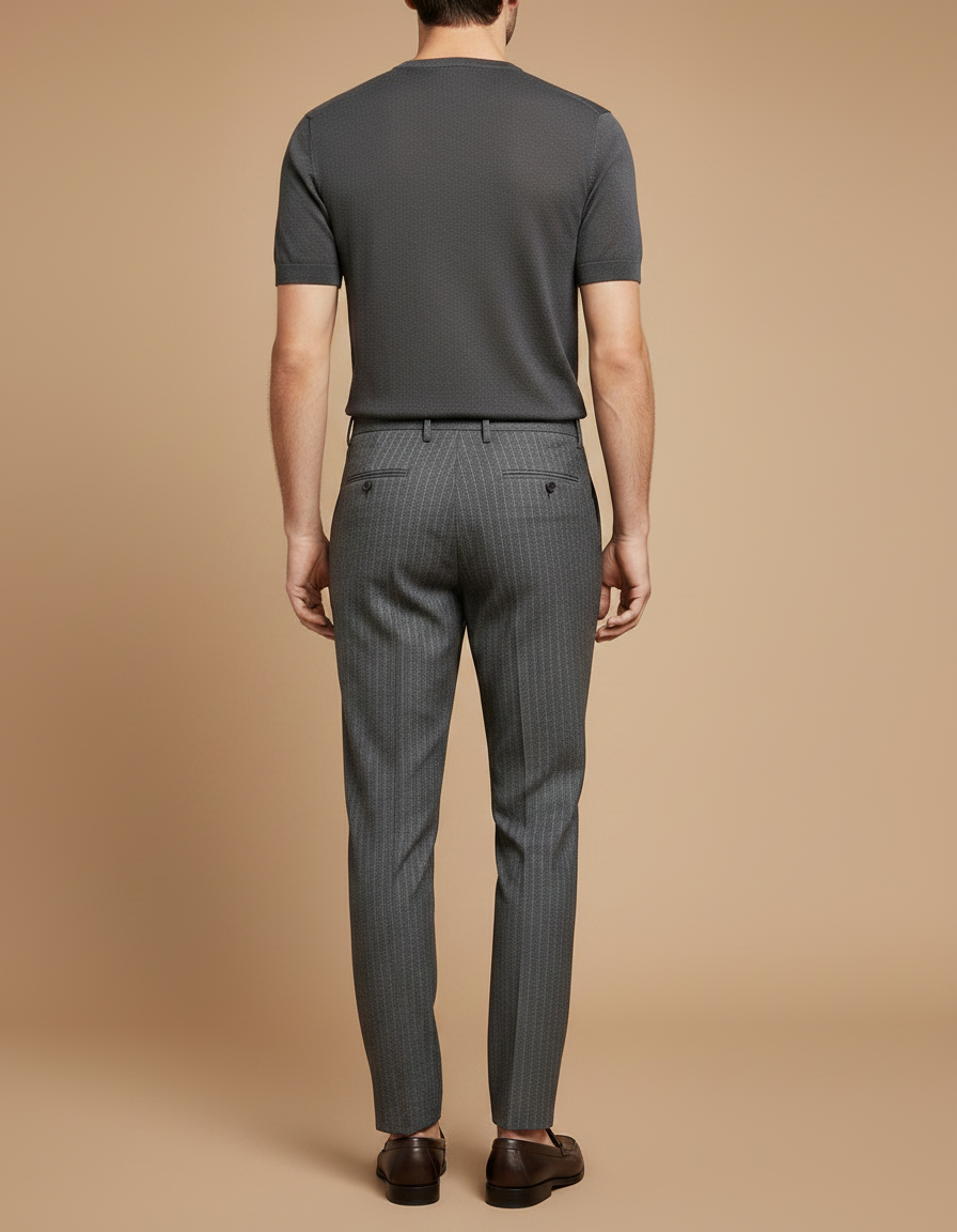 Pantalon À Pince Gris Rayé Slim Élégant Plissé Homme - Gabardine - vue 2