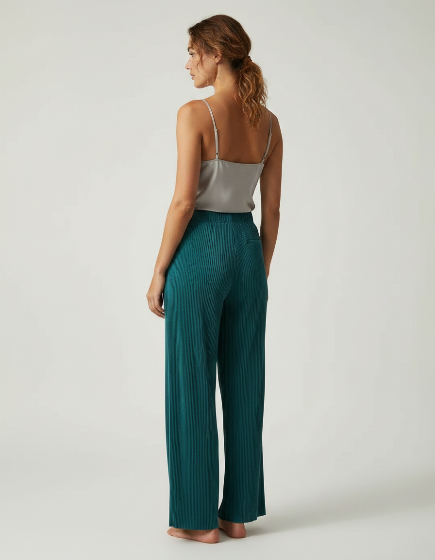 Pantalon À Pince Plissé Fluide Vert Émeraude Confortable - Cordé - vue 2