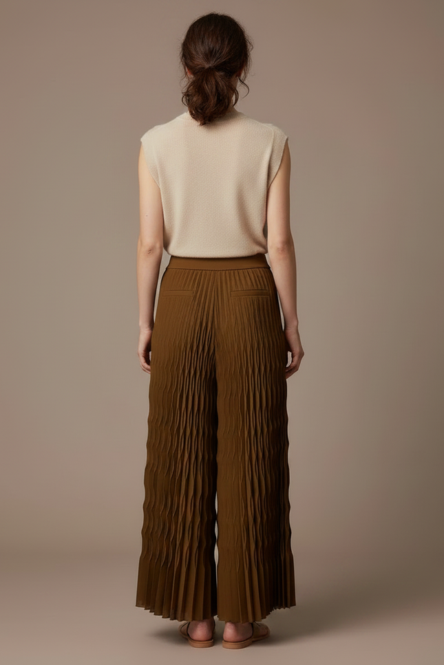 Pantalon À Pince Plissé Marron Fluide Ample Femme - Kaki Polyester - vue 2
