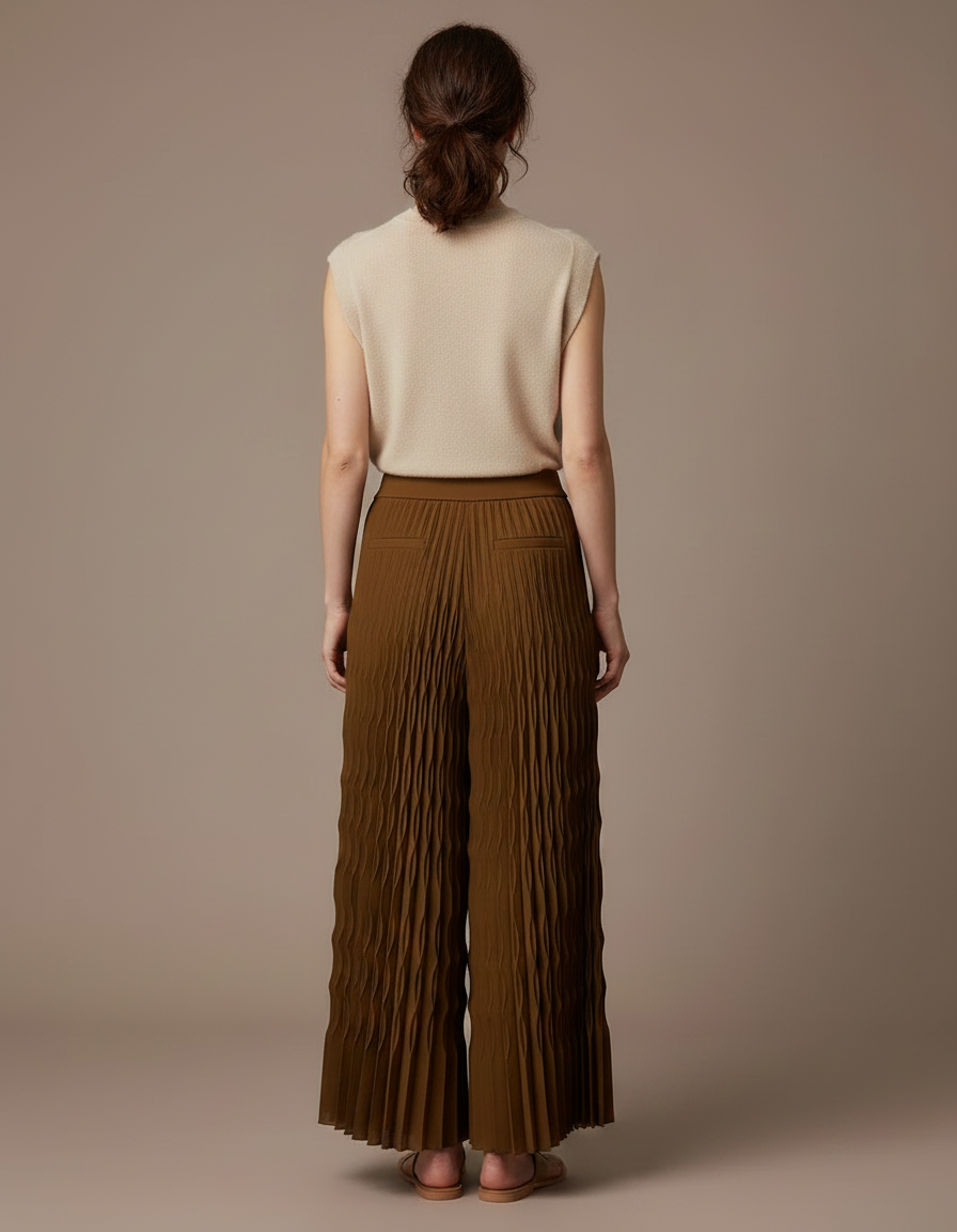 Pantalon À Pince Plissé Marron Fluide Ample Femme - Kaki Polyester - vue 2