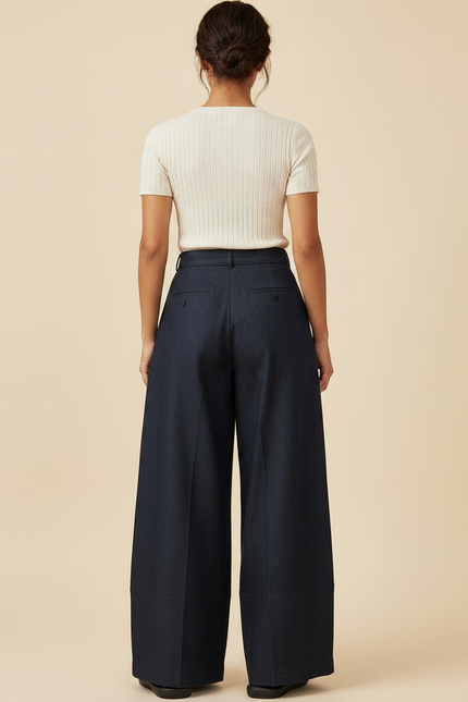 Pantalon À Pince Bleu Marine Fluide Ceinturé Large Femme - Gabardine - vue 2
